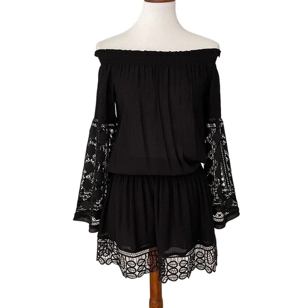 Ramy Brook Black Lowri Off The Shoulder Lace Dress Size XS